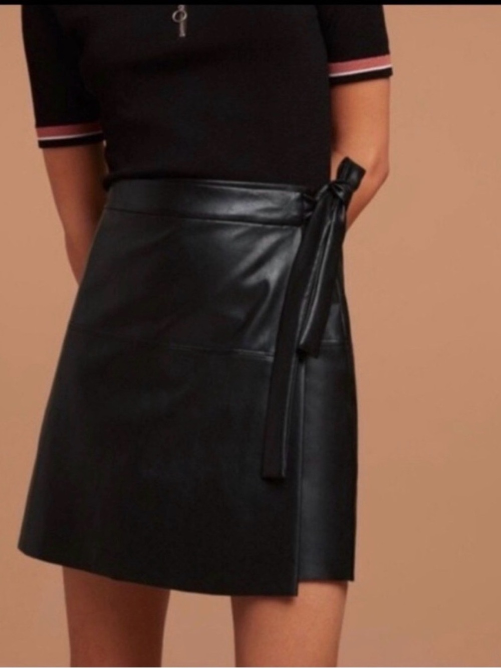 Aritzia Wilfred Free Black Faux Leather Wrap Mini Skirt with Side Tie